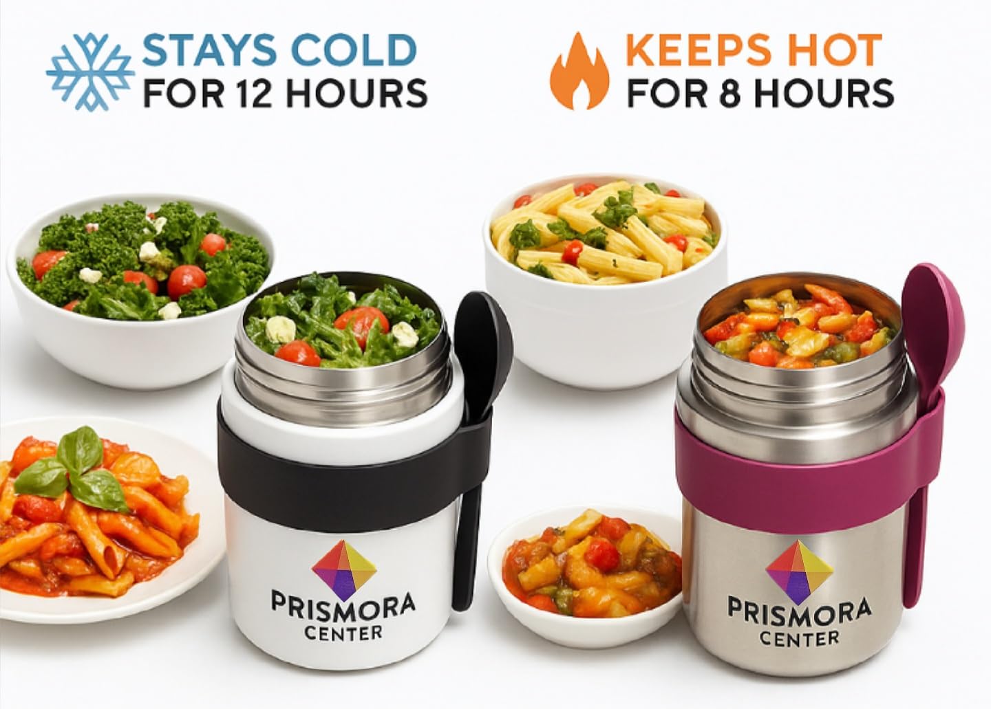 Prismora Center Insulated Vacuum Food Jar, 13.5 oz Leak-Proof Stainless Steel Food Jar for Hot & Cold Meals, BPA-Free, Dishwasher Safe, Portable & Durable Food Storage Container (White)