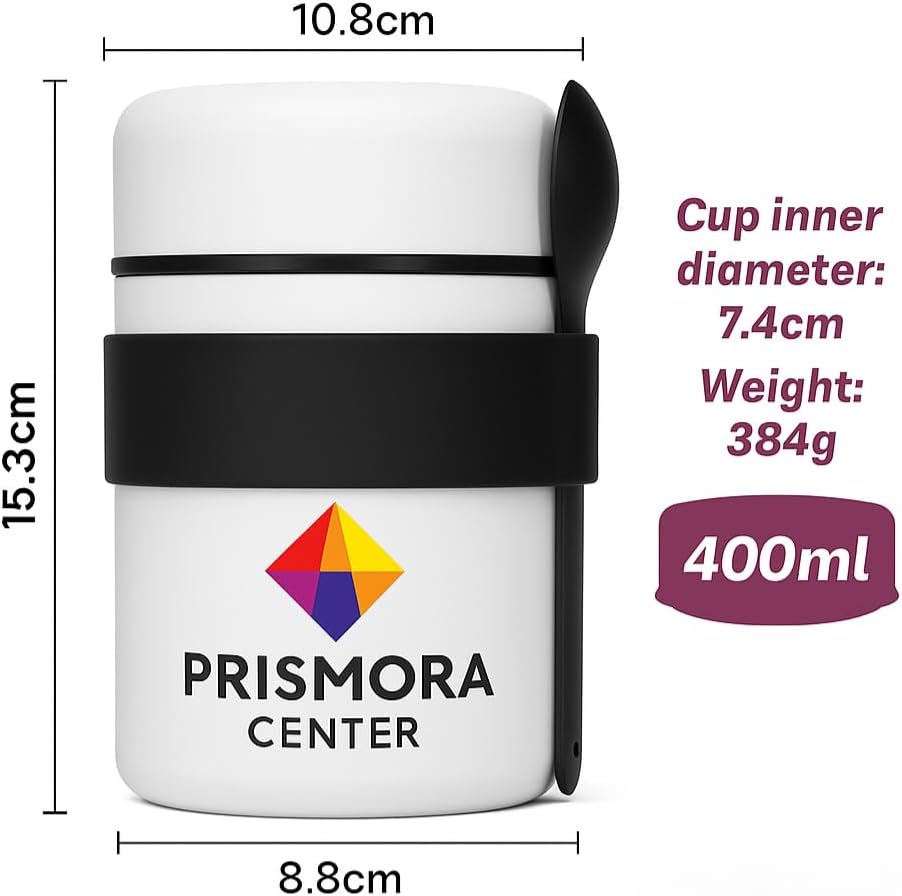 Prismora Center Insulated Vacuum Food Jar, 13.5 oz Leak-Proof Stainless Steel Food Jar for Hot & Cold Meals, BPA-Free, Dishwasher Safe, Portable & Durable Food Storage Container (White)