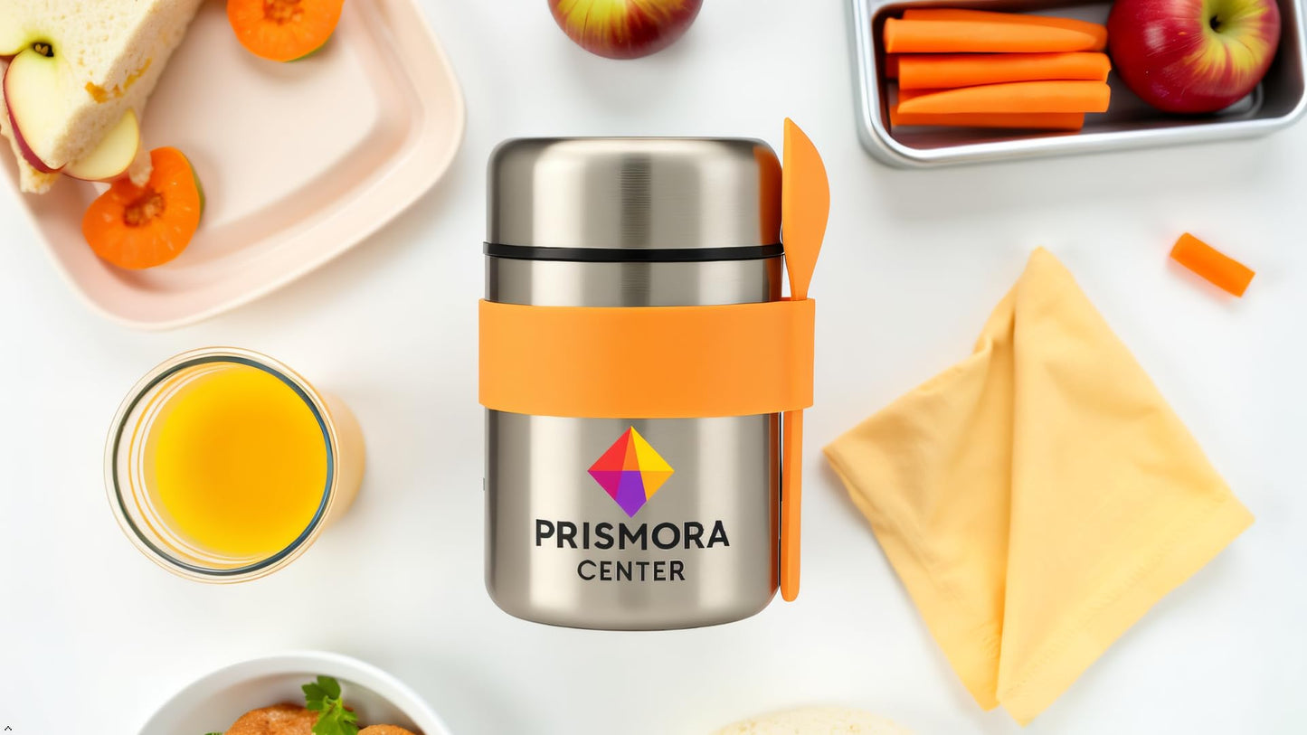 Prismora Center Insulated Vacuum Food Jar, 13.5 oz Leak-Proof Stainless Steel Food Jar for Hot & Cold Meals, BPA-Free, Dishwasher Safe, Portable & Durable Food Storage Container (Orange)