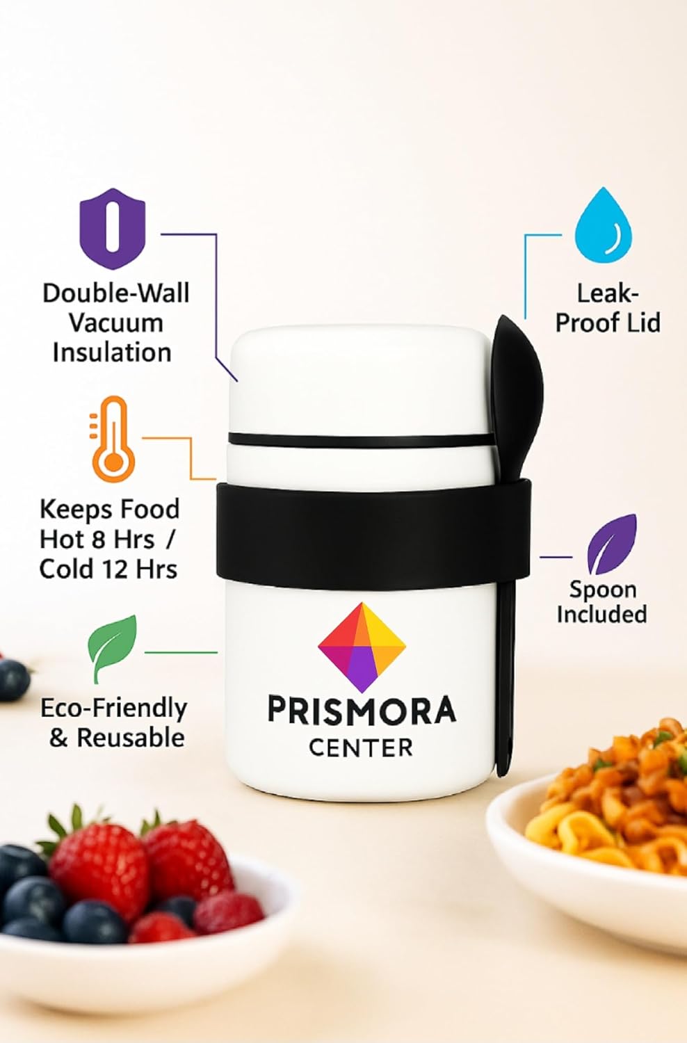 Prismora Center Insulated Vacuum Food Jar, 13.5 oz Leak-Proof Stainless Steel Food Jar for Hot & Cold Meals, BPA-Free, Dishwasher Safe, Portable & Durable Food Storage Container (White)