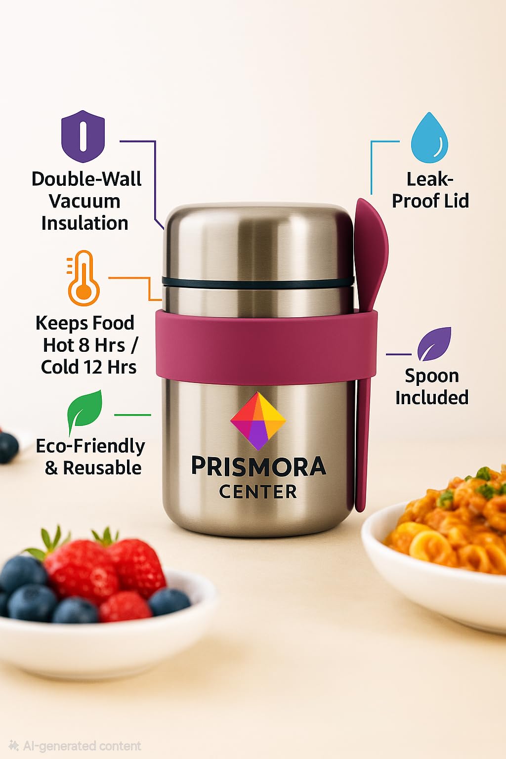 Prismora Center Insulated Vacuum Food Jar, 13.5 oz Leak-Proof Stainless Steel Food Jar for Hot & Cold Meals, BPA-Free, Dishwasher Safe, Portable & Durable Food Storage Container (Purple)