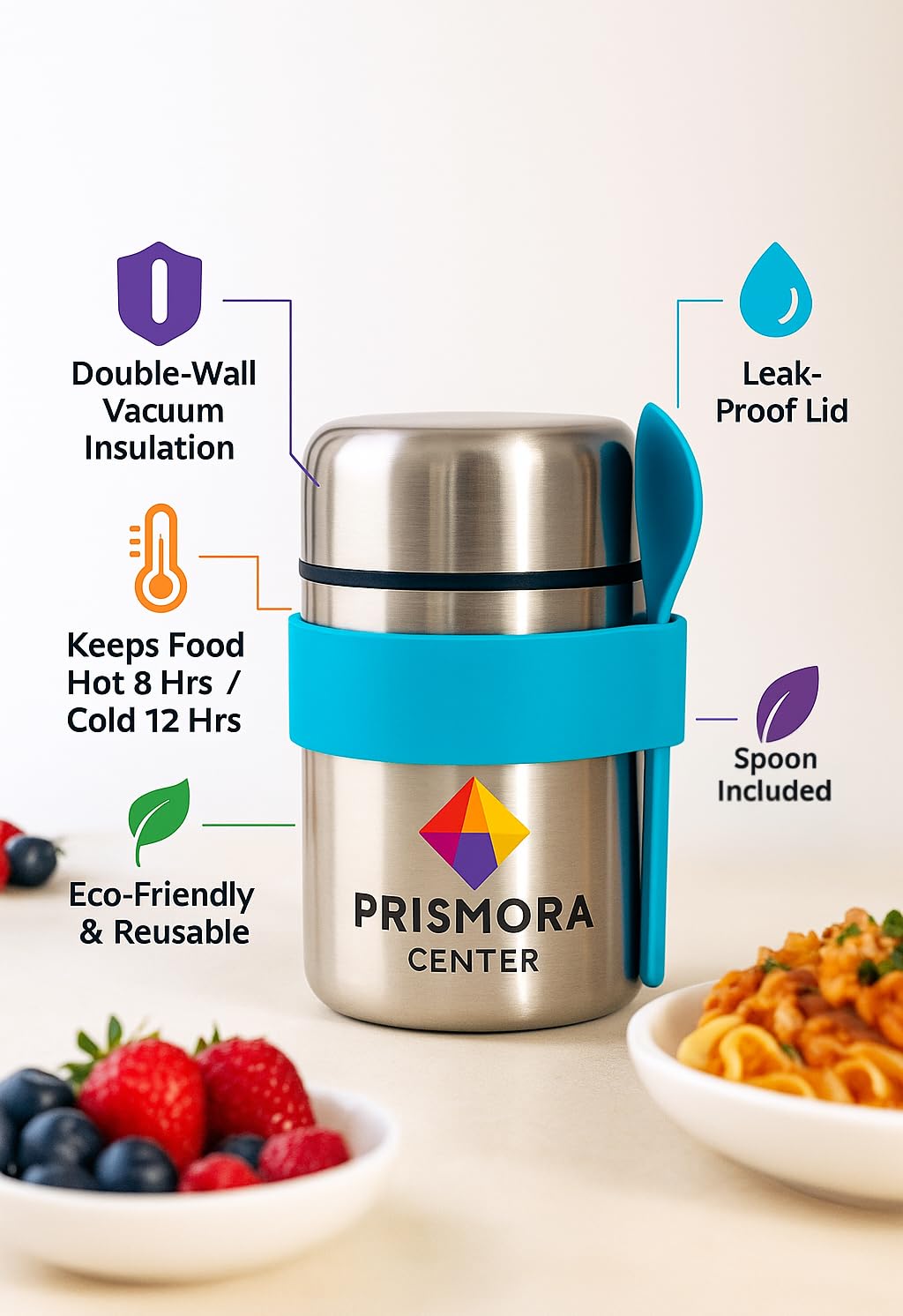 Prismora Center Insulated Vacuum Food Jar, 13.5 oz Leak-Proof Stainless Steel Food Jar for Hot & Cold Meals, BPA-Free, Dishwasher Safe, Portable & Durable Food Storage Container (Blue)