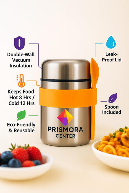 Prismora Center Insulated Vacuum Food Jar, 13.5 oz Leak-Proof Stainless Steel Food Jar for Hot & Cold Meals, BPA-Free, Dishwasher Safe, Portable & Durable Food Storage Container (Orange)